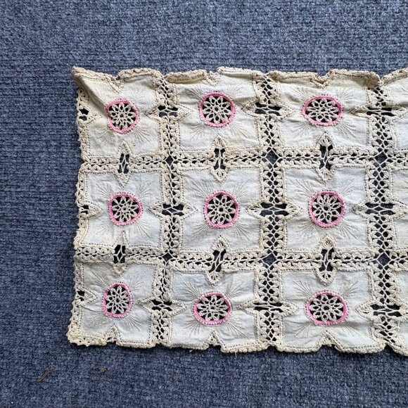 VTG Hand-Crocheted Lace‎ Table Runner With Pink Floral Accents 12" X 40" Boho - Picture 2 of 12